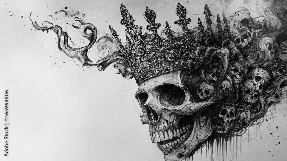 Fototapeta premium Dark Crown: A Monochrome Skull Illustration