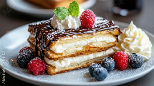 A beautifully arranged layered dessert finished with whipped cream and fresh berries, showcasing a delightful contrast of textures and vibrant colors on a light plate. photo