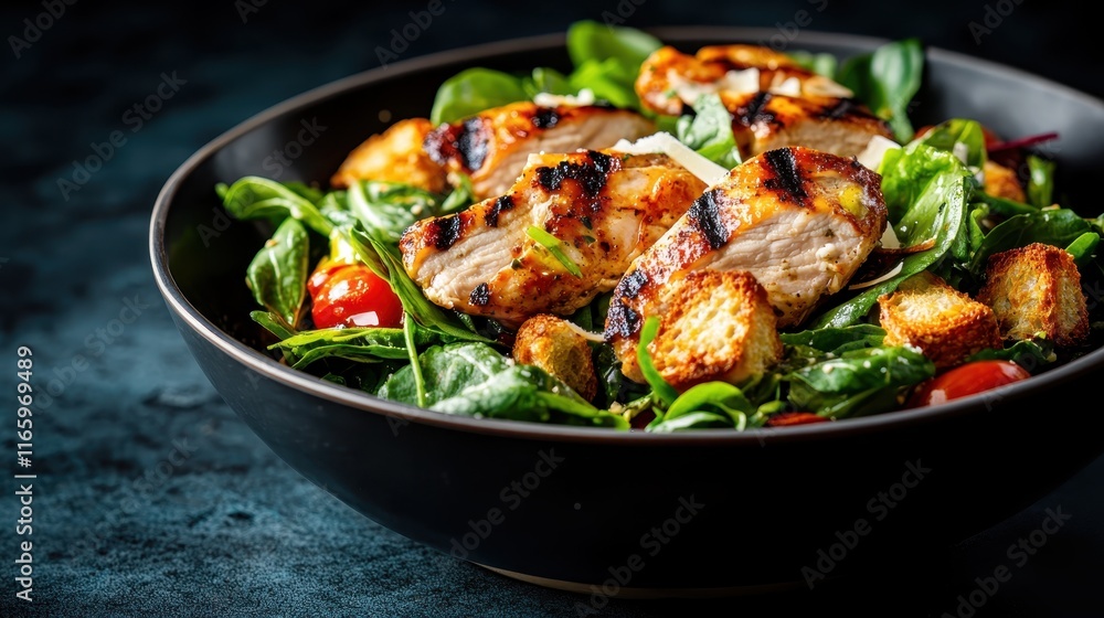 A scrumptious grilled chicken salad resting in a stylish black bowl, featuring vibrant ingredients like spinach, cherry tomatoes, and savory croutons, perfect for a healthy meal. A scrumptious grilled chicken salad resting in a stylish black bowl, featuring vibrant ingredients like spinach, cherry tomatoes, and savory croutons, perfect for a healthy meal.