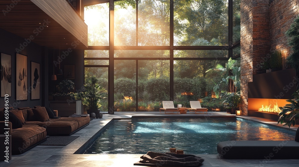 Luxurious indoor pool with sunset view. Luxurious indoor pool with sunset view.