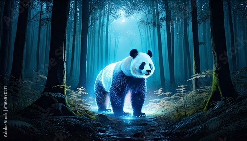 GeneratCiptakan gambar surealis dan mempesona dari seekor panda transparan yang bersinar berdiri di hutan malam yang mistis. Tubuh panda memancarkan cahaya lembut dan halus dalam nuansa putih dan biru photo