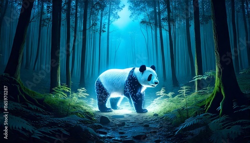 GeneratCiptakan gambar surealis dan mempesona dari seekor panda transparan yang bersinar berdiri di hutan malam yang mistis. Tubuh panda memancarkan cahaya lembut dan halus dalam nuansa putih dan biru photo