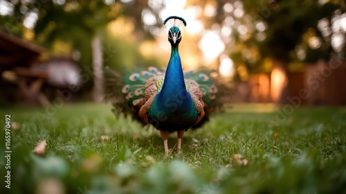 An elegant peacock struts confidently through a lush garden, its stunning feathers shimmering in the sunlight and capturing the essence of beauty and grace.