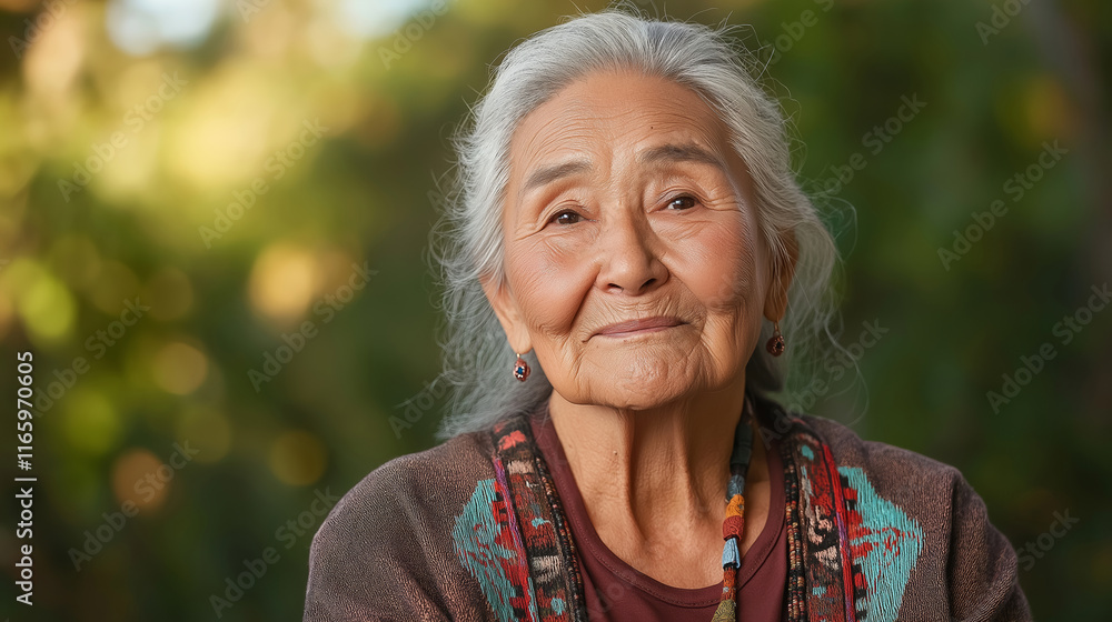 Portrait of a peaceful native american elder woman with long gray hair, wearing traditional clothing, enjoying the tranquility of a natural setting Portrait of a peaceful native american elder woman with long gray hair, wearing traditional clothing, enjoying the tranquility of a natural setting