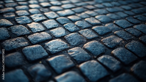 Close up of a blue brick pavement. The bricks are of different sizes and are laid in a pattern. Concept of solidity and durability, as well as a sense of timelessness photo