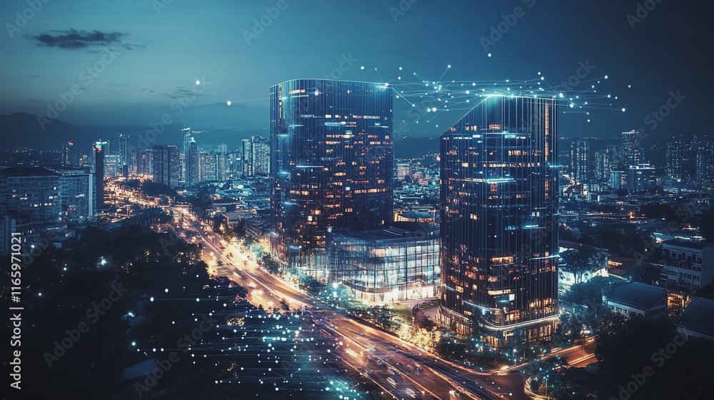 Fototapeta premium Abstract business team stands on the peak of success amid tall, innovative Smart city and graphs with statistics to analyze business potential and predict future developments in company growth.