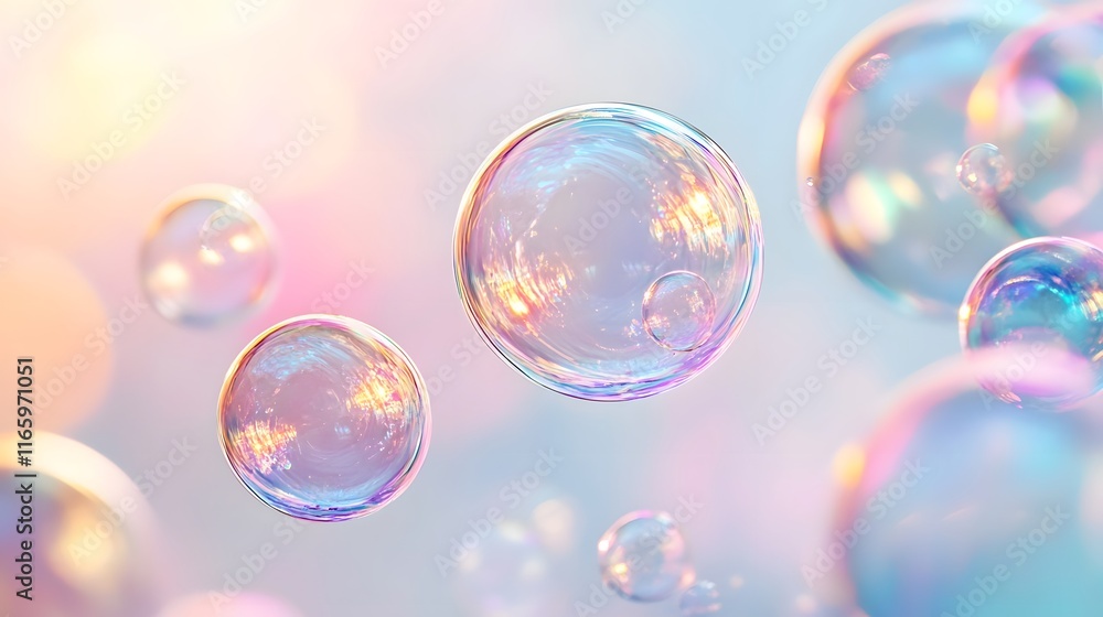 Mesmerizing Iridescent Soap Bubbles Floating in Vibrant Pastel Colors Mesmerizing Iridescent Soap Bubbles Floating in Vibrant Pastel Colors