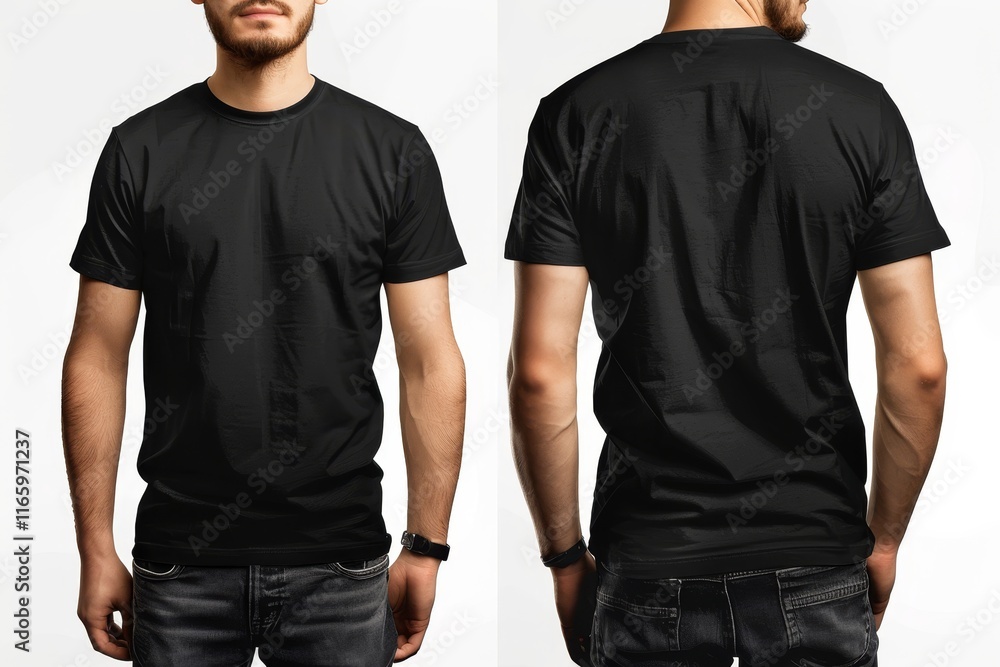 A male model stands wearing a simple black t-shirt, presenting both the front and back views. The minimalist backdrop highlights the design's versatility. A male model stands wearing a simple black t-shirt, presenting both the front and back views. The minimalist backdrop highlights the design's versatility.