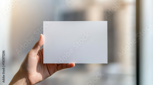Wallpaper Mural Hand gripping white rectangular card, blank surface poised for custom design, soft-focus background highlighting empty space Torontodigital.ca
