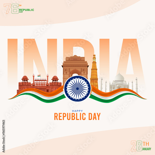 Happy Republic Day | 26th January, Indian Republic Day, landmarks and the tricolor flag. Republic Day, Poster, Banner, Sale, Post.