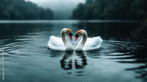 A pair of swans gracefully position their necks in a heart shape on the water's surface, evoking feelings of love and harmony in a beautiful natural setting. photo