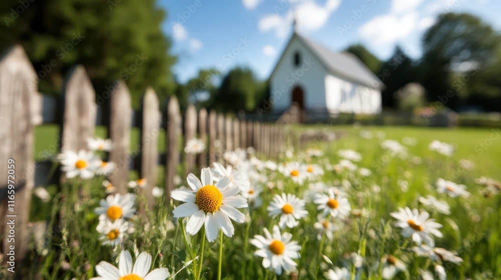 A picturesque scene featuring a quaint white church nestled amidst vibrant wildflowers under a clear blue sky, showcasing nature's serene beauty and tranquility.