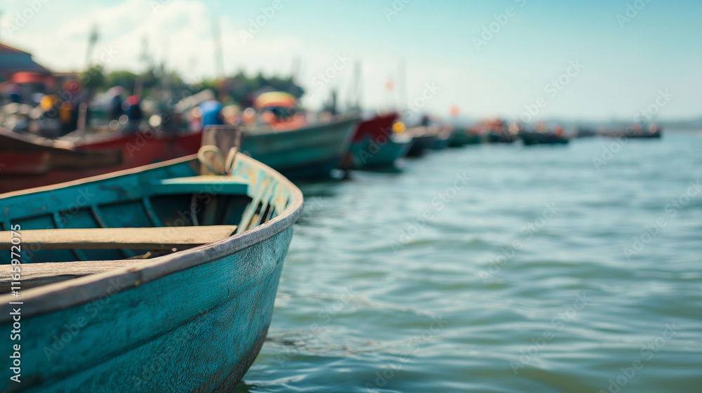 Obraz premium Colorful fishing vessels drifting near riverbanks, capturing traditional marketplace atmosphere in Vietnamese waterway landscape