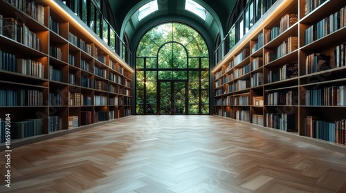 Wallpaper Mural Brightly lit library aisle showcasing bookshelves framed by large windows, seamlessly blending indoor learning with the beauty of the surrounding nature. Torontodigital.ca