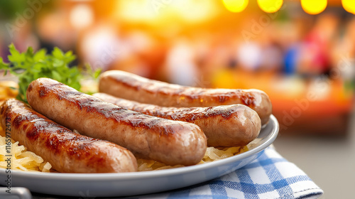 Plate of bratwurst on sauerkraut with blurred people celebrating Oktoberfest in background under vibrant outdoor lighting photo