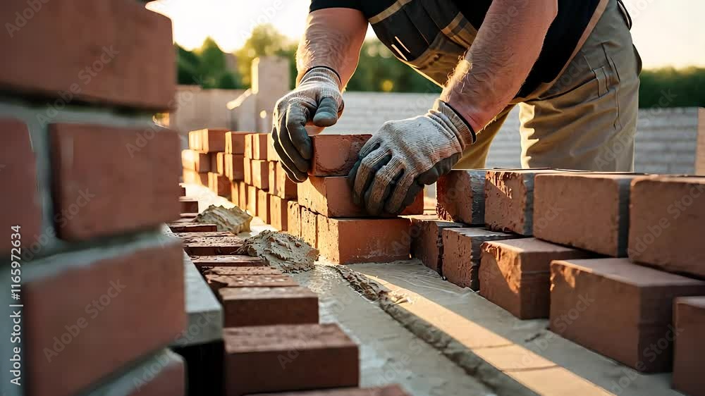 Construction worker laying bricks on a building wall during a sunny day with close-up focus.