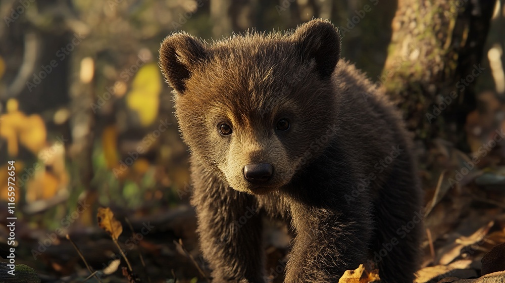 Fototapeta premium Adorable Brown Bear Cub in the Autumn Forest