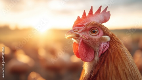 A close-up portrait of a rooster captured in the warmth of golden hour sunlight, highlighting its feathers and showcasing the beauty of nature in rural aesthetics. photo