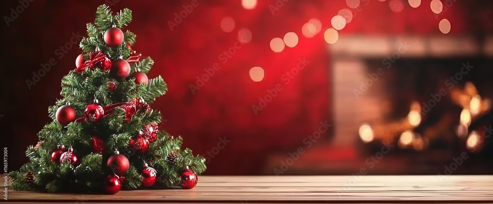 Christmas tree with red ornaments on a wooden table against a festive blurred fireplace background. Christmas tree with red ornaments on a wooden table against a festive blurred fireplace background.