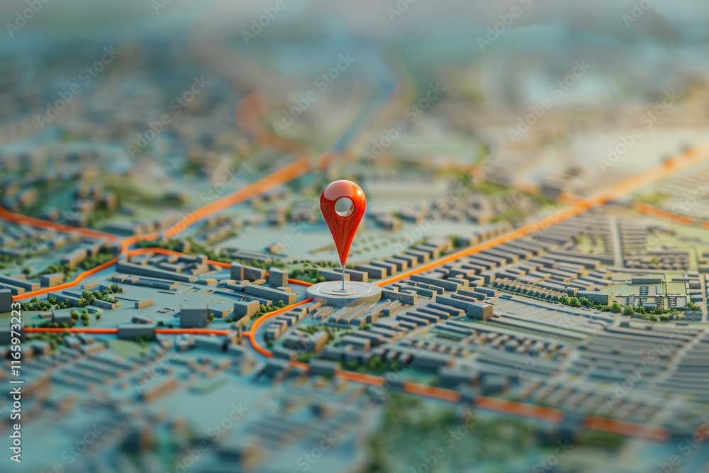 A detailed city map shows streets, buildings, and a bold location marker highlighting a specific point of interest in an urban landscape under clear skies. A detailed city map shows streets, buildings, and a bold location marker highlighting a specific point of interest in an urban landscape under clear skies.