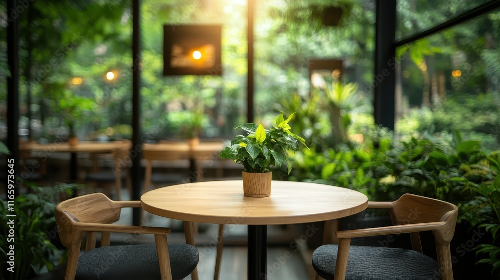 A serene cafe ambiance filled with lush greenery, showcasing a wooden table centerpiece adorned with a vibrant potted plant, creating a refreshing and inviting atmosphere. A serene cafe ambiance filled with lush greenery, showcasing a wooden table centerpiece adorned with a vibrant potted plant, creating a refreshing and inviting atmosphere.
