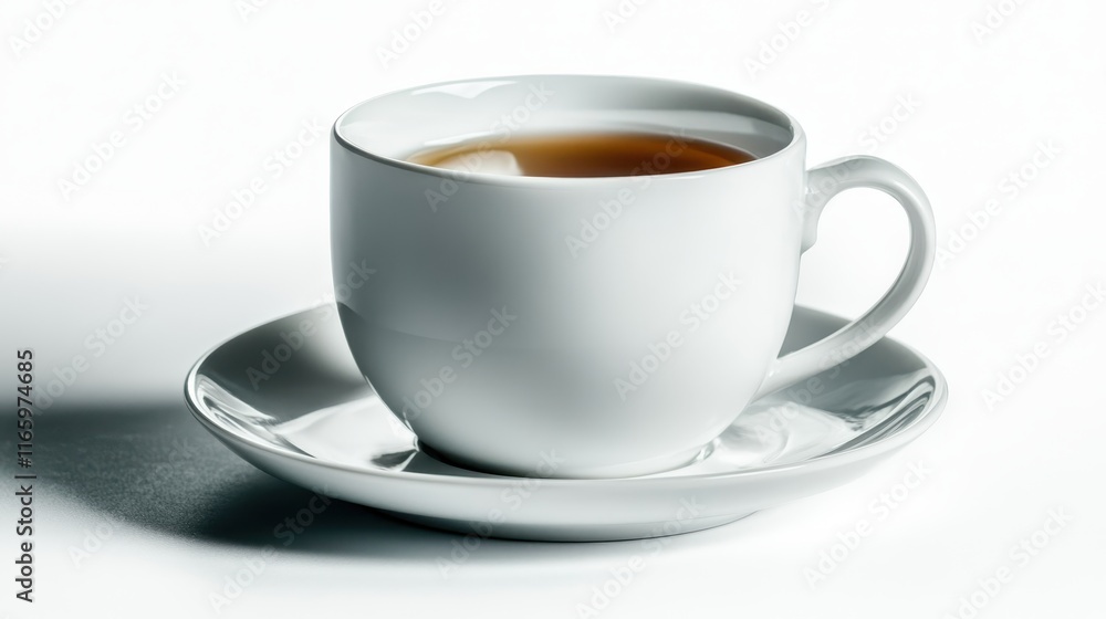 A refined white tea cup resting on a saucer, beautifully illuminated, showcasing artistic details and a reflective quality that enhances its elegance and charm. A refined white tea cup resting on a saucer, beautifully illuminated, showcasing artistic details and a reflective quality that enhances its elegance and charm.