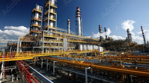 Wallpaper Mural A large oil refinery features multiple towers and pipes against a bright blue sky with scattered clouds Torontodigital.ca