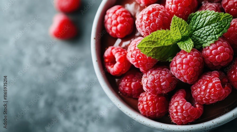 A stunning bowl filled with fresh, vibrant raspberries topped with mint leaves, showcasing a beautiful and healthy dessert option that's perfect for any occasion. A stunning bowl filled with fresh, vibrant raspberries topped with mint leaves, showcasing a beautiful and healthy dessert option that's perfect for any occasion.