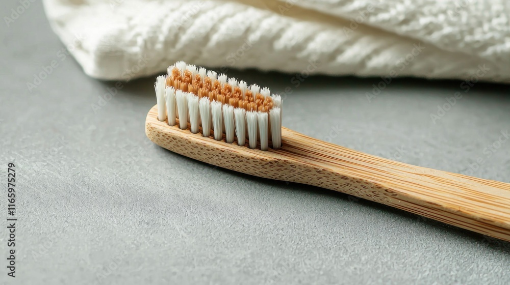A bamboo toothbrush resting on a textured surface with a towel. A bamboo toothbrush resting on a textured surface with a towel.