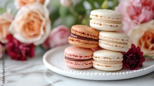 This exquisite display of macarons resting among vibrant roses captures a sense of luxury, sweetness, and the beauty of artisanal pastry creations. photo