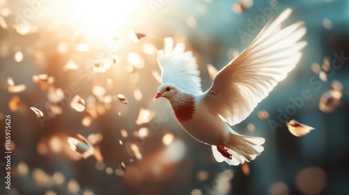 A stunning depiction of a white dove flying gracefully, surrounded by colorful leaves falling gently, capturing the essence of autumn and freedom in a picturesque moment. photo