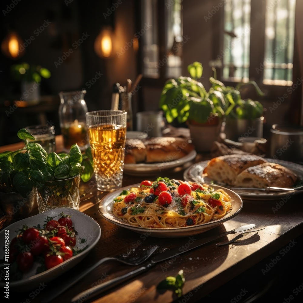 Sunlit Pasta Dish with Cherry Tomatoes and Basil Sunlit Pasta Dish with Cherry Tomatoes and Basil