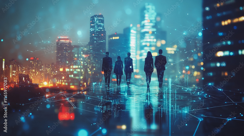 Abstract business team stands on the peak of success amid tall, innovative Smart city and graphs with statistics to analyze business potential and predict future developments in company growth. Abstract business team stands on the peak of success amid tall, innovative Smart city and graphs with statistics to analyze business potential and predict future developments in company growth.