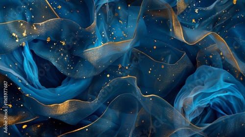 Luxurious blue transparent fabric texture with golden glitter, creating an elegant and festive backdrop