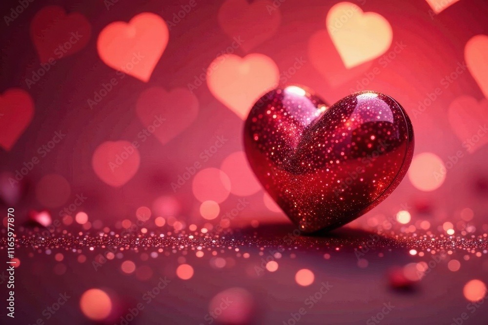 Sparkling red hearts, glittering surface, romantic ambiance , close-up, holiday Sparkling red hearts, glittering surface, romantic ambiance , close-up, holiday