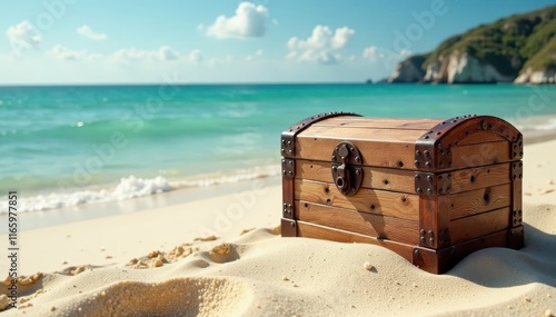 Ancient chest, sun-bleached wood, sandy beach, vintage, gold, hidden