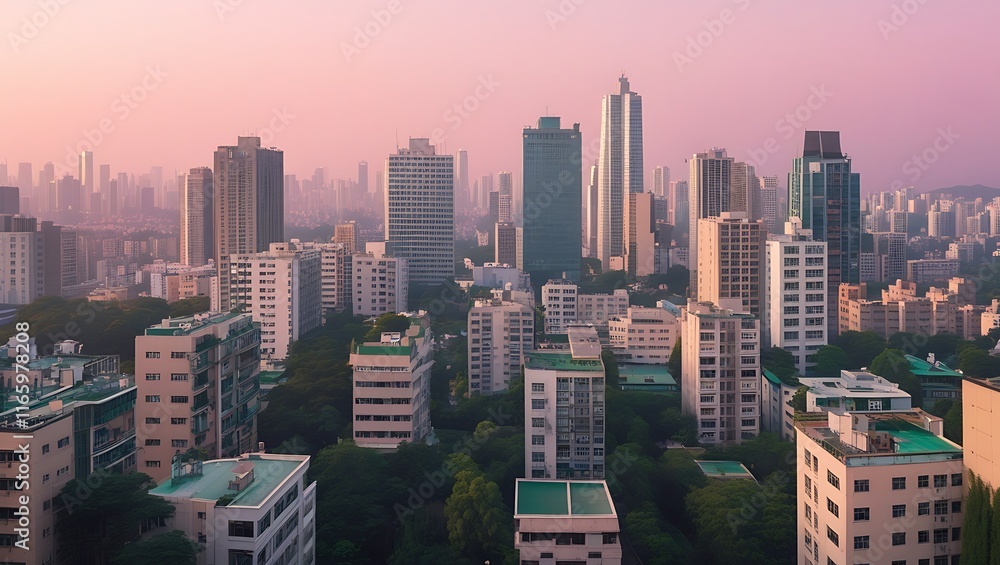 Obraz premium Sunlight rooftop view skyline bangkok twilight, office buildings, living