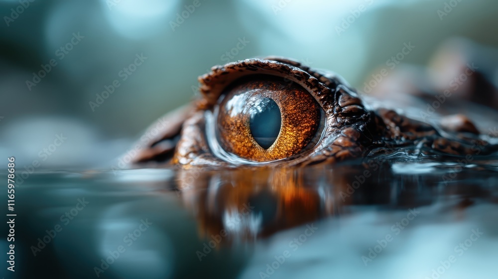 A captivating close-up of a crocodile's eye emerging from water, showcasing the reptile's texture and color, highlighting its predatory nature and elegance in nature. A captivating close-up of a crocodile's eye emerging from water, showcasing the reptile's texture and color, highlighting its predatory nature and elegance in nature.