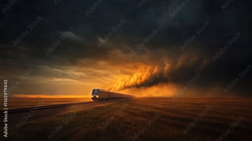 Fototapeta premium Train speeding through dramatic sunset storm.