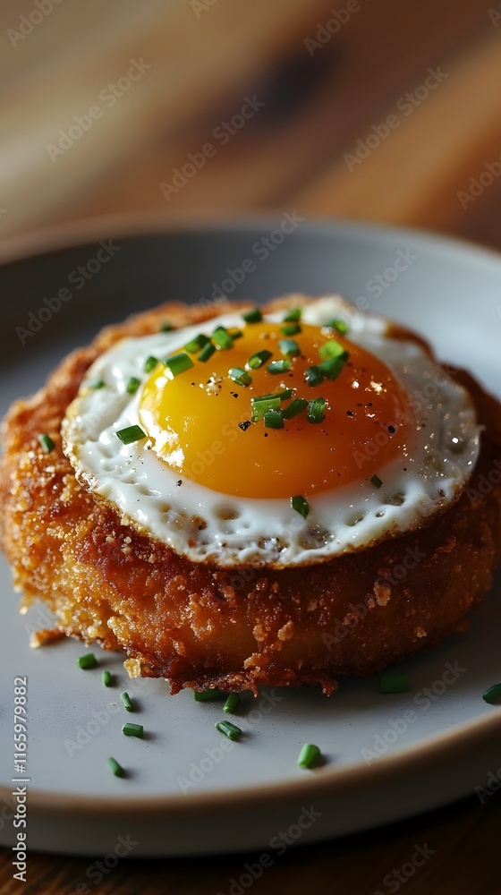 Eggs on top of a breaded chicken cutlet, covered with chives and a lemon juice sauce Eggs on top of a breaded chicken cutlet, covered with chives and a lemon juice sauce