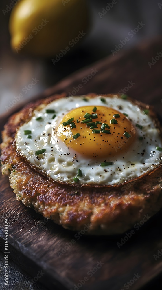Eggs on top of a breaded chicken cutlet, covered with chives and a lemon juice sauce Eggs on top of a breaded chicken cutlet, covered with chives and a lemon juice sauce