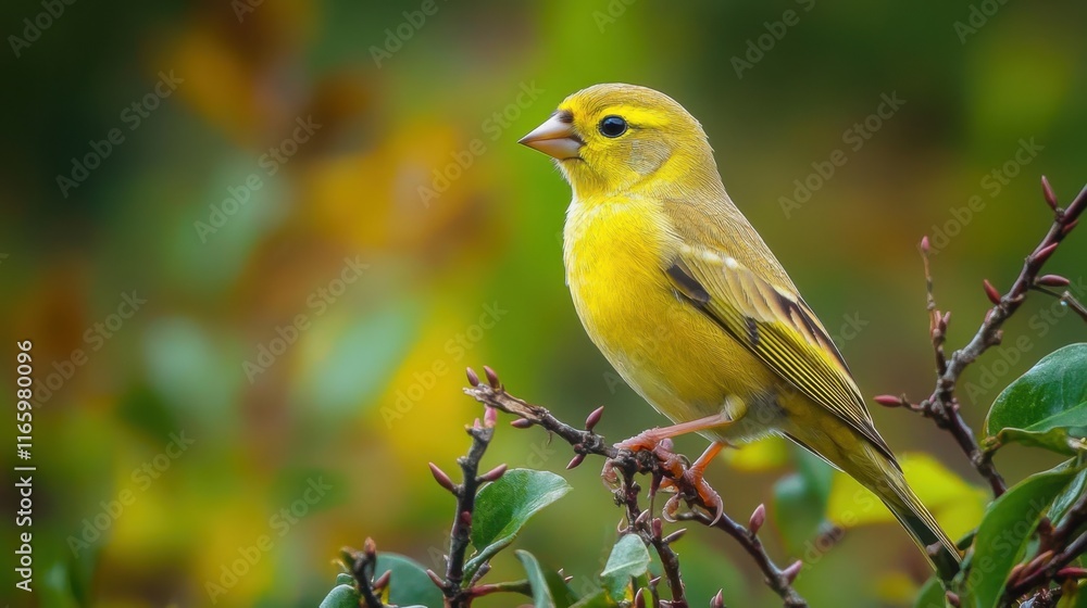 A Goldfinch perched on thorns in a bushy area A Goldfinch perched on thorns in a bushy area