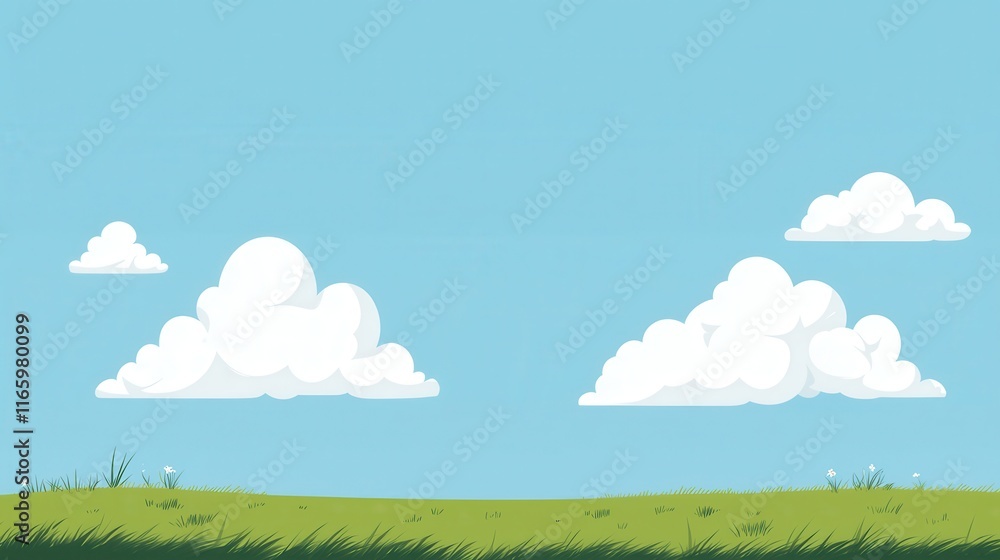 Bright Sunny Spring Day with Fluffy White Clouds in a Clear Blue Sky Above a Lush Green Meadow Bright Sunny Spring Day with Fluffy White Clouds in a Clear Blue Sky Above a Lush Green Meadow