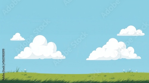 Bright Sunny Spring Day with Fluffy White Clouds in a Clear Blue Sky Above a Lush Green Meadow