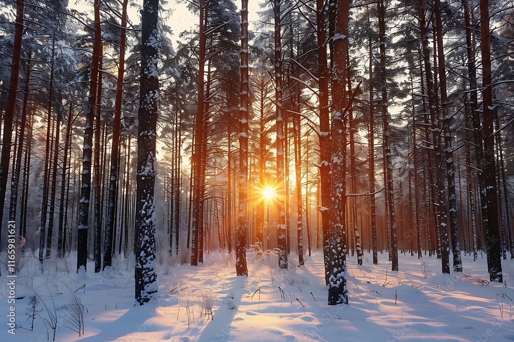 Naklejka premium Sunset in the winter forest. Beautiful winter landscape with river and trees