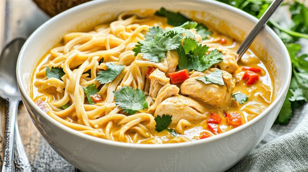 A bowl of chicken noodle soup garnished with cilantro and peppers. A bowl of chicken noodle soup garnished with cilantro and peppers.