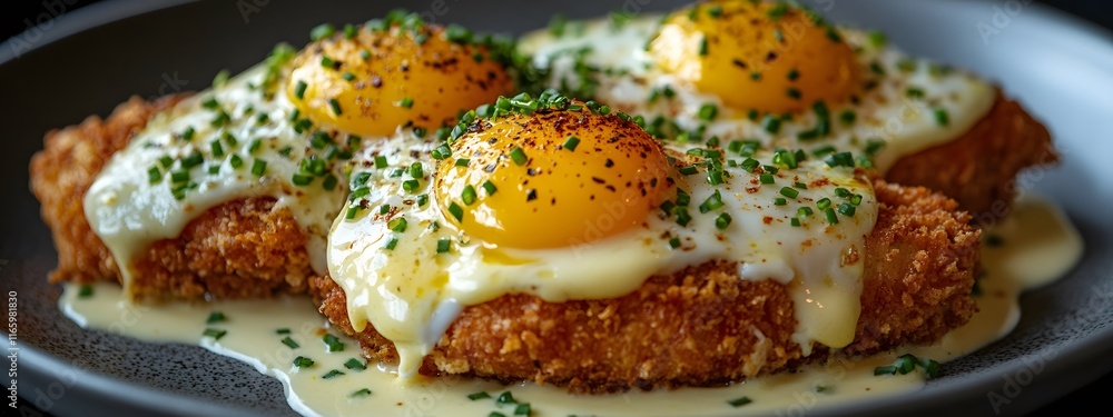 Eggs on top of a breaded chicken cutlet, covered with chives and a lemon juice sauce Eggs on top of a breaded chicken cutlet, covered with chives and a lemon juice sauce