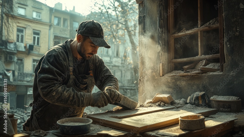 Man sanding wood outdoors in dusty environment.