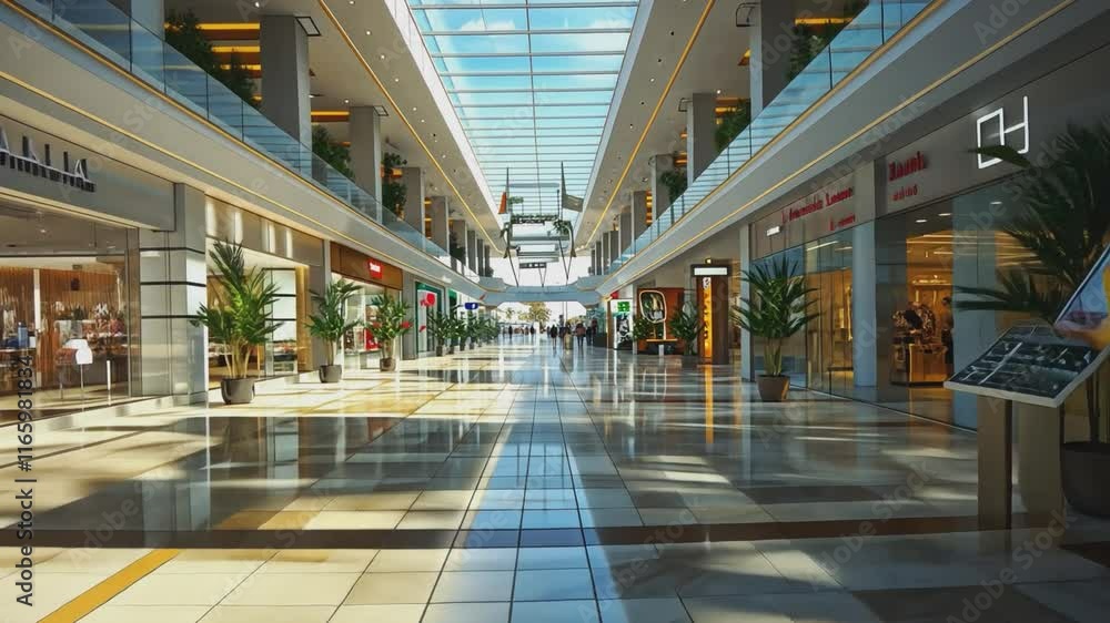 A sleek and spacious interior with a high ceiling and natural light streaming through a glass skylight. The polished floors reflect the light. A sleek and spacious interior with a high ceiling and natural light streaming through a glass skylight. The polished floors reflect the light.