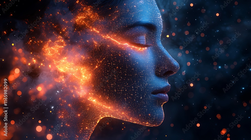 Woman's face, profile, fiery particles, cosmic, dark background, glowing, embers, magical, mystical, surreal. Woman's face, profile, fiery particles, cosmic, dark background, glowing, embers, magical, mystical, surreal.